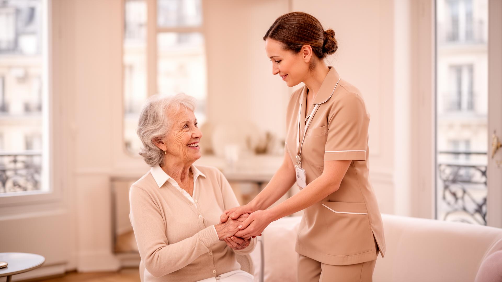 Une intervenante souriante enlace chaleureusement une dame âgée dans un intérieur lumineux